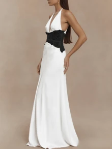 Women's Off Shoulder Halter Sheer Lace Splicing Maxi Dress Deep Plunge Neck Backless Bodycon Evening Formal Dress - White - View 2