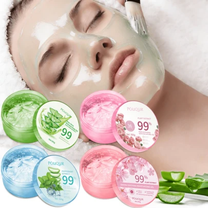 1瓶300克芦荟保湿凝胶，可作身体乳、面霜使用，适用于面部和身体护理，质地透明，芦荟/樱花/薄荷/玫瑰香型，修复晒伤肌肤，保湿滋润，缓解干燥，改善粗糙暗沉肤色，细致毛孔，提亮肤色，轻盈不油腻，易于吸收，适用于面部和身体。