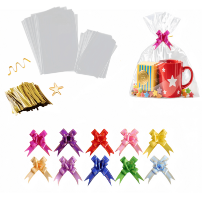 20 Stück Cellophan-Beutel mit goldenem Twist-Verschluss, bunter Schleife, transparente OPP Plastik Cellophan-Verpackung für Geschenkpräsentation, Hochzeit, Valentinstag und Geburtstagsparty Geschenktüte