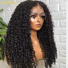 34英寸卷曲蕾丝前假发，200%密度，13x4高清透明杰瑞卷发混合真人发假发，无胶假发，预先拔毛的卷曲真人发假发，女士款 - 自然色&黑色系 - 查看 5