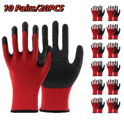 20pcs Heavy-Duty Latex Work Gloves - 10 Pairs Per Pack, Red & Black With Non-Slip Grip, Washable & Foldable For Construction, Gardening, Warehouse, Painting, Automotive - Durable Protective Gloves For Men & Women