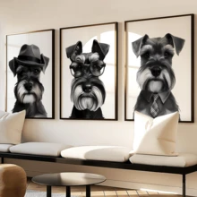 3 buc/set postere moderne de artă murală, pictură pe pânză cu câine Schnauzer, postere minimaliste alb-negru, decor de artă murală, potrivit pentru iubitorii de câini, cu sau fără rame, decorare cameră, decor casă, decor apartament cămin universitar, hotel, casă, living, dormitor, baie și birou decor de perete cadouri