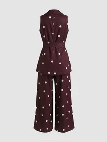 2件套女士优雅棕色波点撞色系带吊带背心和阔腿裤套装，春夏款 - 咖啡棕 - 查看 3