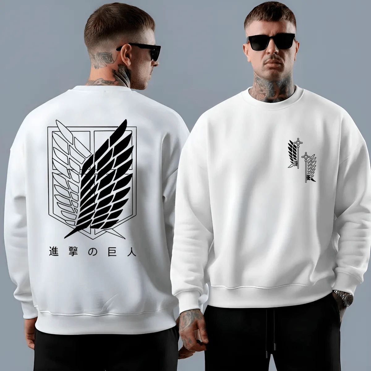 Men's Crew Neck Sweatshirt With Attack Art Print, Minimalist Anime Streetwear Style - 香檳色 - 查看 1