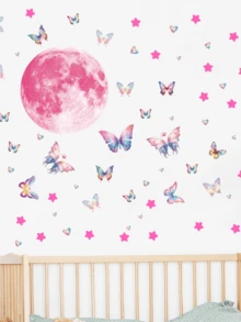 1pc Pink Glow-In-The-Dark Moon, Star, Butterfly Wall Sticker For Ceiling, Children's Room, Bedroom, Suitable For Living Room, Bedroom, Study, Dining Room, Kitchen, Bathroom, Foyer - Pink - View 3