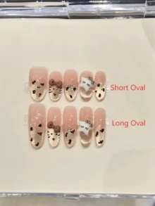 10片椭圆形/长椭圆形手工按压式美甲贴纸，适合派对和日常佩戴，“温柔珍贵猫眼”高感款，椭圆形/长椭圆形美甲贴纸，易于佩戴，10片Y2K手工按压式美甲贴纸，适合女孩和女士在节日派对和日常美甲时佩戴。 - 香檳色 - 查看 12