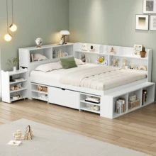 Children's Bed, 135 X 190 Cm, Single Bed, Multifunctional Children's Bed With Drawers And Shelves, Large Storage Space, Slatted Base, Mattress Not Included, White Colour. - White Plywood - View 11