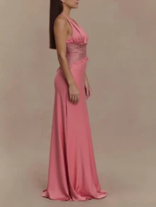 Women's Off Shoulder Halter Sheer Lace Splicing Maxi Dress Deep Plunge Neck Backless Bodycon Evening Formal Dress - Hot Pink - View 2