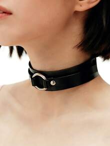 1pc Leather Collar, O-Ring Choker, Gothic Choker, Fetish Collar, Punk Choker - Black - View 5