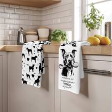 2pcs Simple Black & White Pitbull Holding Spoon Pattern Kitchen Towels, Soft Polyester Material Dish Cloths, Suitable For Kitchen Decor, Cleaning, Holiday Party Decoration, Kitchen & Bathroom Essentials, Home Decor, Housewarming Gift - Multicolor - View 7