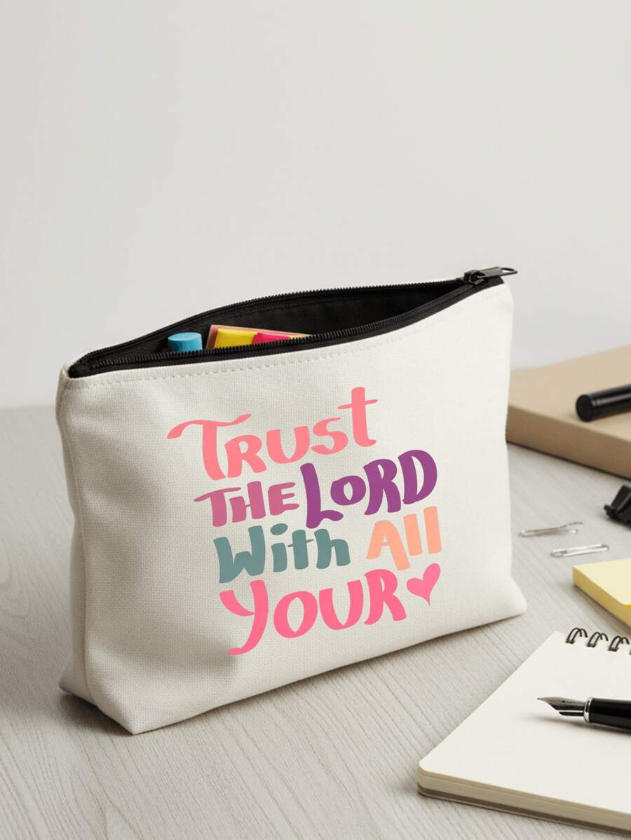 This "Trust In God" Makeup Bag - Beige Polyester Travel Pouch, Printed With "Believe In God" Text, Suitable For Both Men And Women, Large Capacity. Ideal For Travel, Vacation, Business Trip, Gym, Camping, As Well As Travel, Summer, Back To School, College, Travel, Makeup, And Other Occasions. - Multicolor - View 1