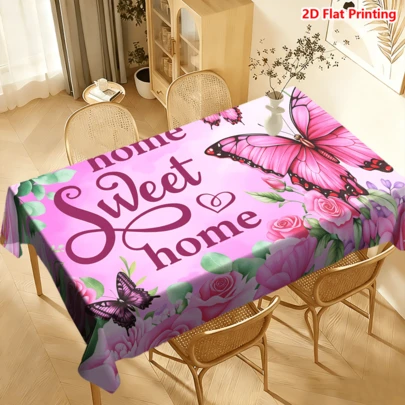 1/20pcs Tablecloth With Pink Butterflies And Roses Home Sweet Home Design Polyester Fabric Machine Made Perfect For Picnics Camping Weddings Birthdays Restaurants Buffets Spring Decor Home Decoration