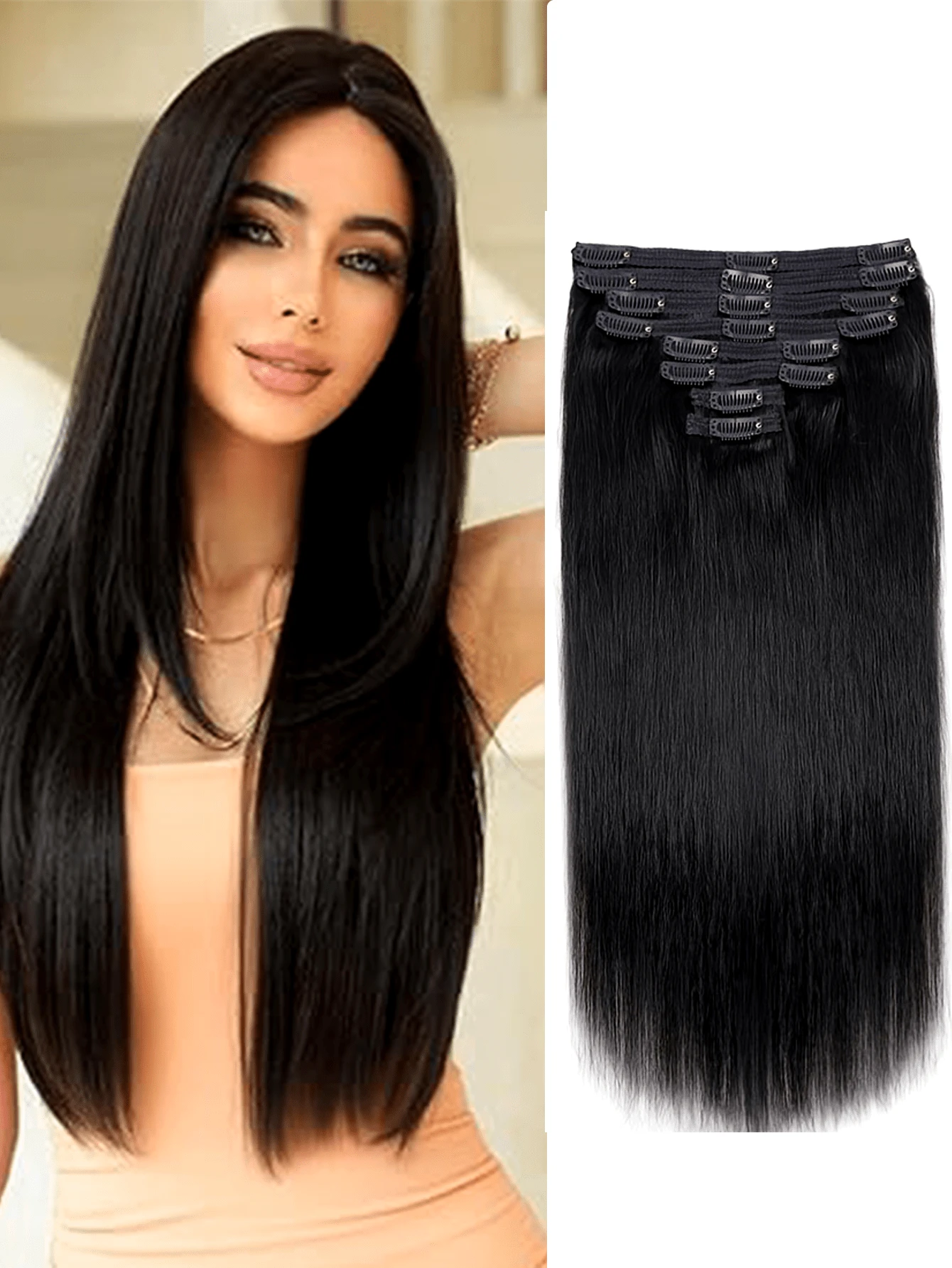 直发夹式真人发接发片 8 片/套 双层缝制 18 个夹子 直发接发片 18-26 英寸 适合所有种族女性佩戴
