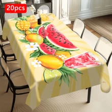 1/20pcs Tablecloth Set, Featuring Vibrant Summer Fruits (Watermelon, Mango, Pineapple) And Tropical Drinks, Accented With Flowers, On A Yellow Sunburst Background, Suitable For Picnics, Camping, Weddings, Birthdays, Buffets, And Spring Home Decor. - Multicolor - View 16