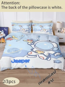 2/3pcs Kids Customized Bedding Set (1 Double-Sided Duvet Cover + 1/2 Single-Sided Pillowcase), 100% Polyester, Digital Printed Astronaut Pattern, Personalized Gift For Boys And Girls, Bedroom Decor - Multicolor - View 1