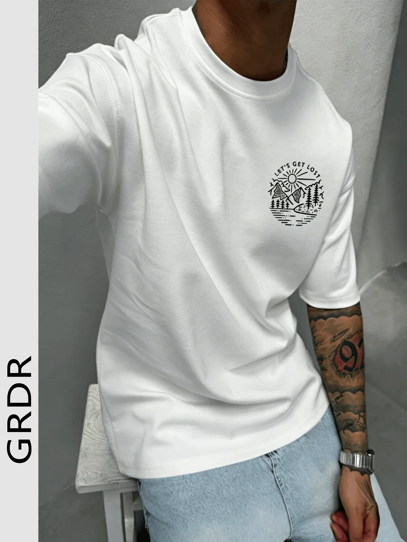 GRDR 男士美式印花圆领短袖T恤，舒适时尚 - 白色 - 查看 1