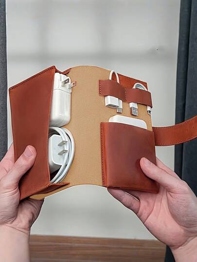 1pc PU Leather Multi-Compartment Organizer-Portable Tech School Accessories Case For Cables,Chargers,Pens-Durable Travel Storage