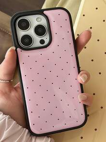 时尚可爱简约波点亮面手机壳，兼容 17 Pro Max、17 Pro、17、16 Pro Max、16 Pro、16、16、15 Pro Max、15 Pro、15、14 Pro Max、14 Pro、13、12 Pro Max、11，创意黑色边框软壳防震后盖 - 粉底波點 - 查看 3