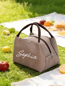 可定制午餐包，休闲条纹午餐包，便携式便当盒，可定制姓名和文字，午餐包和便当盒，手提袋，大容量手提袋，适合学生和女性，个性化野餐包，适合学校、通勤和旅行野餐，收纳袋，送给女朋友、男朋友、女儿、儿子、父亲、母亲、伴娘、婚礼、生日、母亲节、新年、斋月的理想礼物