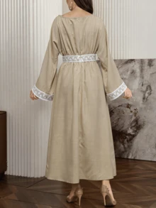 Ramadan Embroidery Jalabiyas Elegant Modest Abaya Long Dress For Women Evening Party - Khaki - View 8