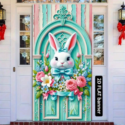 2D Flat Easter Door Cover, Blue & Green Arch Doorway, Pink & Blue Vertical Stripes, Cute Cartoon Rabbit, Blue Bow, Pink & Blue Floral Wreath, Pink Tulips, Blue Flowers, White Daisies, Green Leaves, Vines, Wall Decor, Holiday Party Decoration, Home Decor, Outdoor Porch Decor, Garden Party, Holiday Gift, Polyester Material, No Power Needed, Suitable For Indoor & Outdoor Celebrations