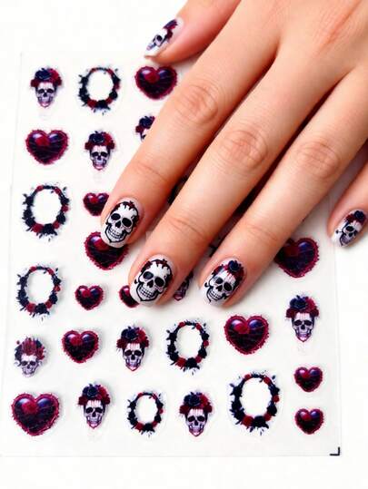 1 st söt döskallepräglad nagelkonstklistermärke, självhäftande glitternageldekor, blomkrans och hjärtdesign, tecknat tema, gotisk stil, oregelbunden form, engångs DIY-nagelsalongstillbehör för kvinnor