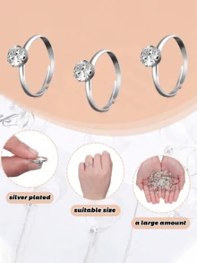 50 piezas Anillos de compromiso de diamante plateados, anillos para novia y dama de honor, adecuados para decoración de mesa de boda, decoración de despedida de soltera, suministros para fiestas, decoración de regalos, decoración de cupcakes - Plateado - Ver 3