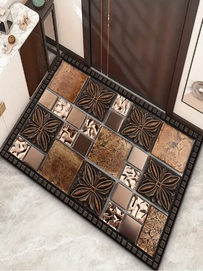 1pc שטיח טלאים בסגנון אמריקאי וינטג' בגוון מתכת, דוגמה מרקמת תלת מימדית, סגנון רטרו יוקרתי, שטיח קטיפה, רך וידידותי לעור, שטיח כניסה פנימי, שטיח לסלון, שטיח לחדר שינה, שטיח אמבטיה, שטיח רחיץ, עיצוב הבית, עיצוב חדר