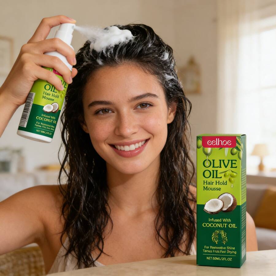 60ml Olive Oil & Coconut Oil Hair Styling Mousse For Curly Hair - Curl Defining, Moisturizing, Long-Lasting Frizz Control, Adds Volume, Quick Drying For Soft, Shiny Curls - Ideal For Everyday Styling And Special Occasions,Gifts For Men And Women Suitable For Valentine's Day, New Year's Day, Birthdays, Weddings, And Parties,Hair Gel,Makeup,Travel Essential,Quick Ship Items,Free Shipping - 正裝 - 查看 1