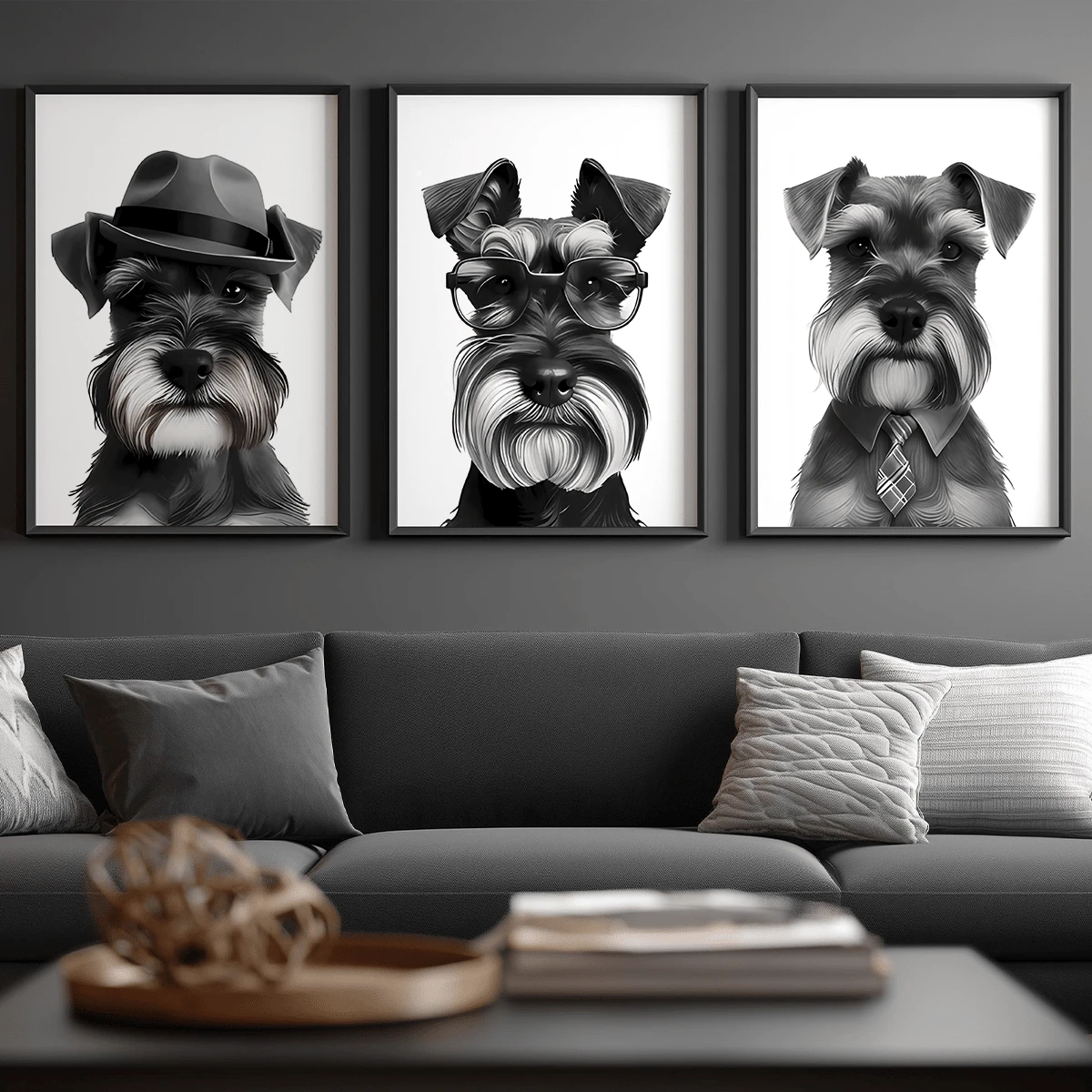 3 buc/set postere moderne de artă murală, pictură pe pânză cu câine Schnauzer, postere minimaliste alb-negru, decor de artă murală, potrivit pentru iubitorii de câini, cu sau fără rame, decorare cameră, decor casă, decor apartament cămin universitar, hotel, casă, living, dormitor, baie și birou decor de perete cadouri