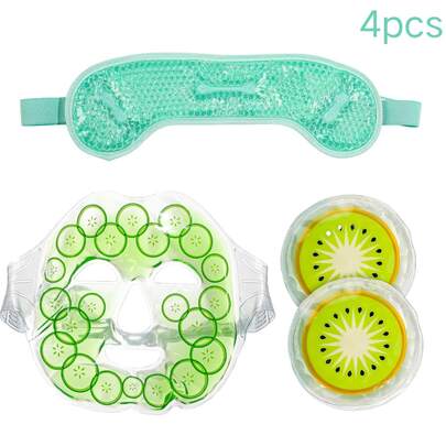 Set de 4 piezas de paquetes de gel frío y caliente: 1 paquete de hielo para la frente + 2 parches de enfriamiento para los ojos + 1 máscara de hielo de uso frío/caliente, diseño flexible, paquetes de hielo refrescantes y calmantes con perlas de gel, regalo ideal para familiares y amigos