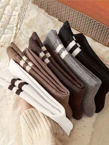 1/5 Pair Brown Striped Mid-Calf Socks, Comfortable, Casual, Fashionable And Versatile Women's Socks, Suitable For All Seasons - Multicolor - View 6