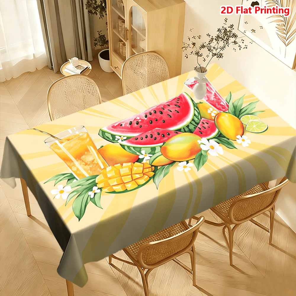 1/20pcs Tablecloth Set, Featuring Vibrant Summer Fruits (Watermelon, Mango, Pineapple) And Tropical Drinks, Accented With Flowers, On A Yellow Sunburst Background, Suitable For Picnics, Camping, Weddings, Birthdays, Buffets, And Spring Home Decor. - Multicolor - View 1
