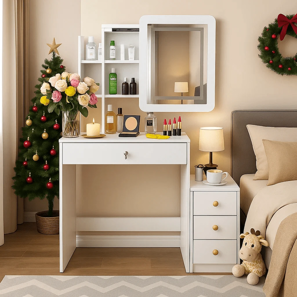 Makeup Vanity Desk With Mirror And Lights,Dressing Table Makeup Desk With Drawers And Cabinet, 3 Lighting Modes Brightness Adjustable, Vanity Set Dressing,Christmas Gift - trắng - Xem 1
