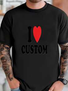 Men's Personalized "I Love You" T-Shirt, Classic Heart Design, Crew Neck And Short Sleeves, Casual And Comfortable Summer Fashion, Valentine's Day Gift - 黑色 - 查看 2
