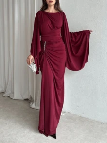 优雅纯色荷叶边镶钻长袖连衣裙，正式晚礼服，婚礼派对礼服 - 酒紅色 - 查看 3