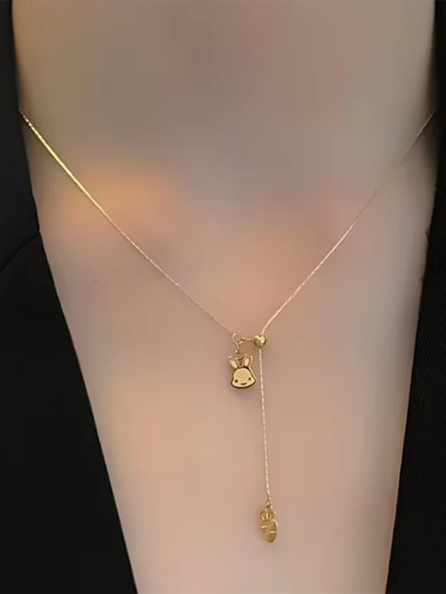 1pc Rabbit & Carrot Design Necklace, Elegant Rabbit Carrot Pull Pendant Clavicle Chain, Easter Gift - Gold - View 1