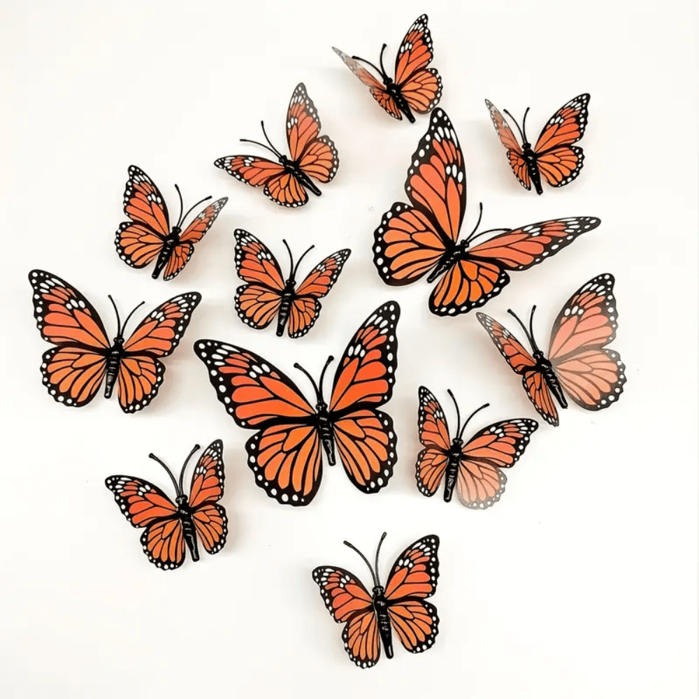 12 pièces Autocollants muraux 3D papillons empereur - papillons en plastique PVC, design vibrant orange et noir, convient pour la décoration de la maison et des fêtes, idéal pour les mariages, les anniversaires, les remises de diplômes et les célébrations patriotiques, pas besoin d'électricité pour les décorations de fête, décoration de papillons, décoration de jardin et de patio extérieur, applicable pour la décoration murale, la décoration de mariage, la décoration de fête, la décoration de chambre, la décoration de chambre à coucher, la décoration de scène, la décoration de fête, la décoration de la maison, le fond photo, les décorations de fête