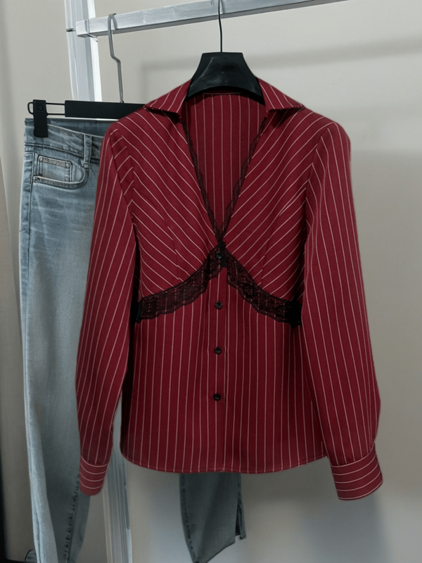 Elegant Women's Fine Striped Long Sleeve Shirt, Deep V-Neck Design, Decorated With Delicate Contrast Lace Details, Spring/Summer