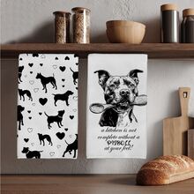 2pcs Simple Black & White Pitbull Holding Spoon Pattern Kitchen Towels, Soft Polyester Material Dish Cloths, Suitable For Kitchen Decor, Cleaning, Holiday Party Decoration, Kitchen & Bathroom Essentials, Home Decor, Housewarming Gift - Multicolor - View 1