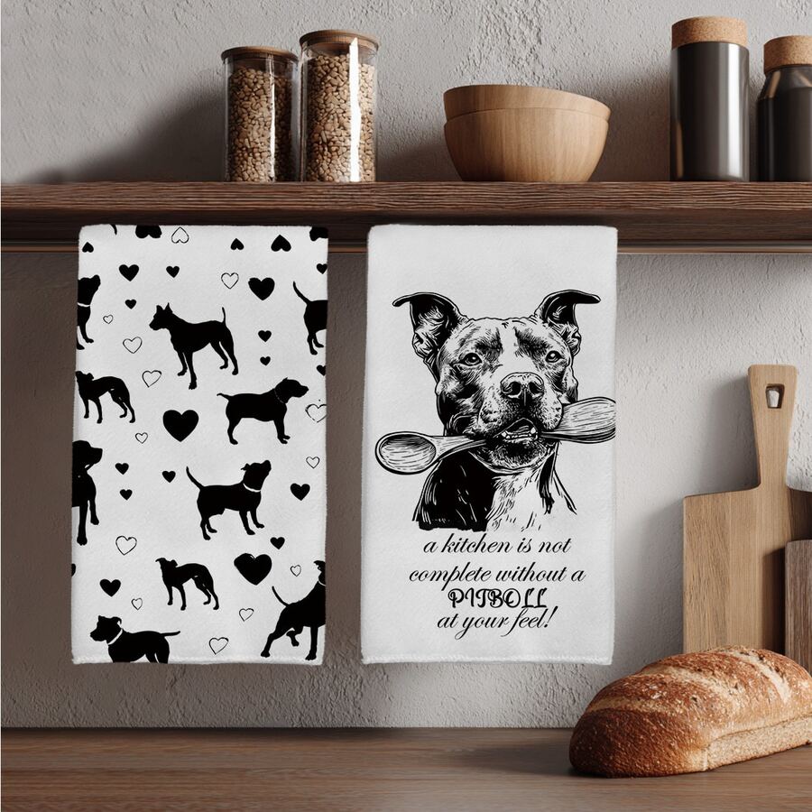 2pcs Simple Black & White Pitbull Holding Spoon Pattern Kitchen Towels, Soft Polyester Material Dish Cloths, Suitable For Kitchen Decor, Cleaning, Holiday Party Decoration, Kitchen & Bathroom Essentials, Home Decor, Housewarming Gift - Multicolor - View 1
