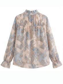 Floral Print Ruffle/Frill Twist Pleated Chiffon Long Sleeve Flare Cuff Blouse For Women Spring - Blue Flower - View 5