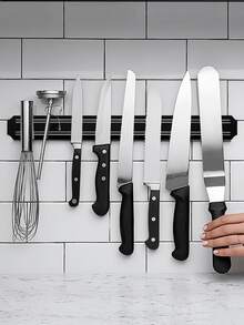 Puissant support mural magnétique de rangement de couteaux de cuisine, support de couteaux en métal aimanté et ABS, outils de cuisine - Noir - Voir 1