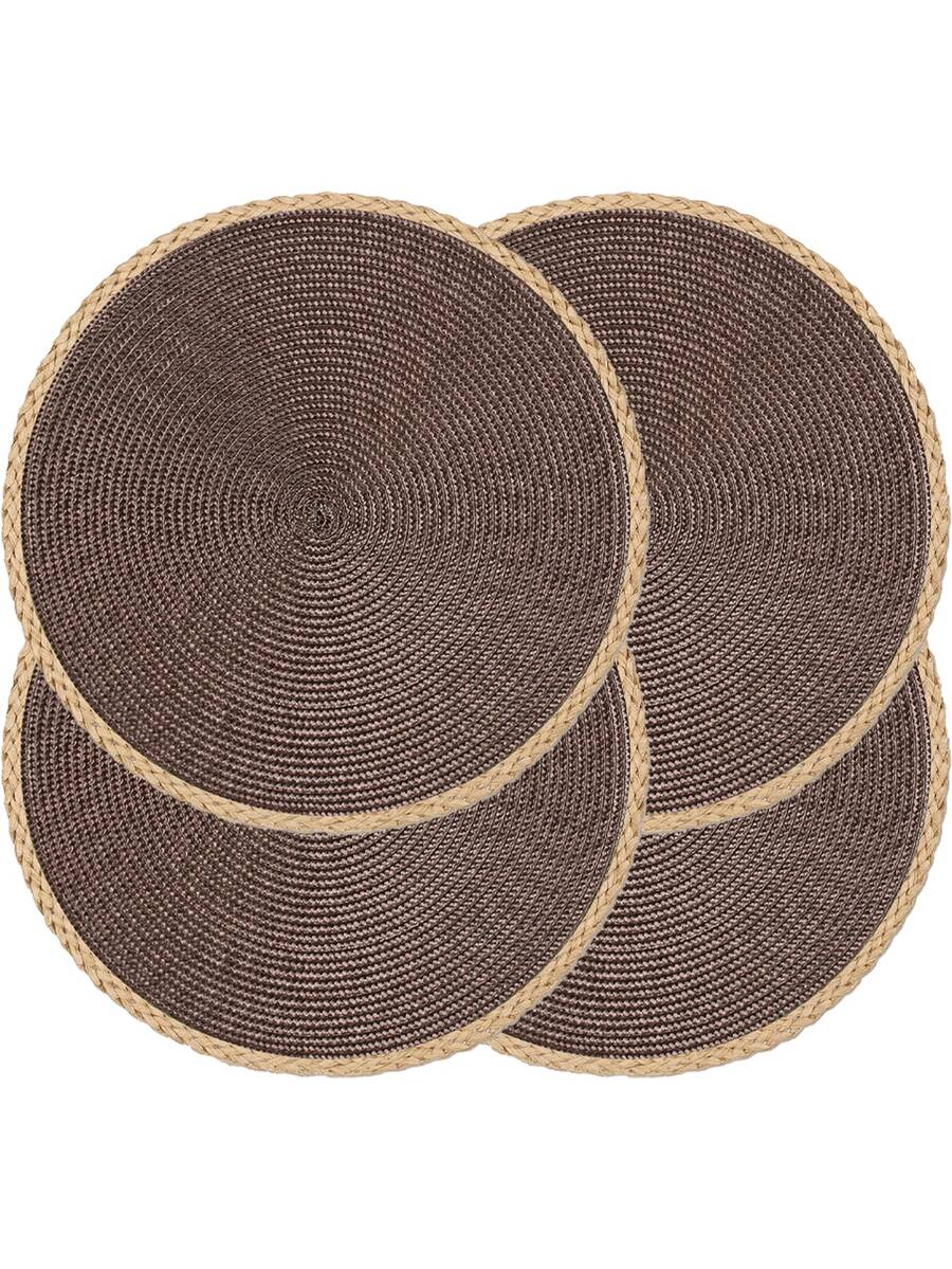 15英寸圆形棕色编织餐垫套装（4/6件），可水洗，易擦拭，耐热，适合节日聚会、室内外日常使用。