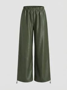 女士时尚优雅军绿色PU皮宽松长裤，松紧腰设计，适合日常通勤和春夏穿着。 - 軍綠色 - 查看 2