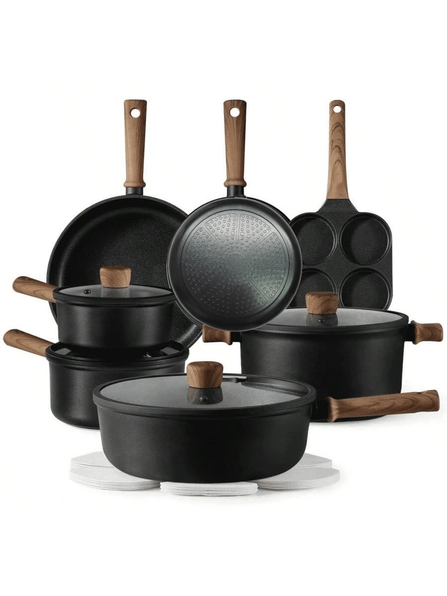 Bộ nồi chảo chống dính cao cấp màu đen, bao gồm chảo chống dính, chảo rán, nồi canh và chảo phẳng, phù hợp với bếp từ, tương thích với mọi loại bếp. Chảo rán chống dính này có thể dùng để chiên bánh kếp, trứng chiên, bít tết, v.v. Chất liệu hợp kim titan, nhẹ và dễ mang theo, là lựa chọn lý tưởng cho bếp từ.