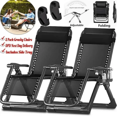 Set Of 2 Garden Reclining Zero Gravity Chair Heavy Duty Adjustable Folding Patio Sun Lounger Chairs With Pillows & Cup Holder Trays, Portable For Indoor/Outdoor Backyard Beach Deck - Black
