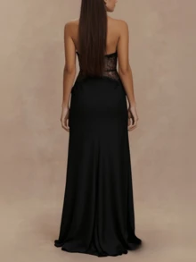 Women's Off Shoulder Halter Sheer Lace Splicing Maxi Dress Deep Plunge Neck Backless Bodycon Evening Formal Dress - Black - View 3