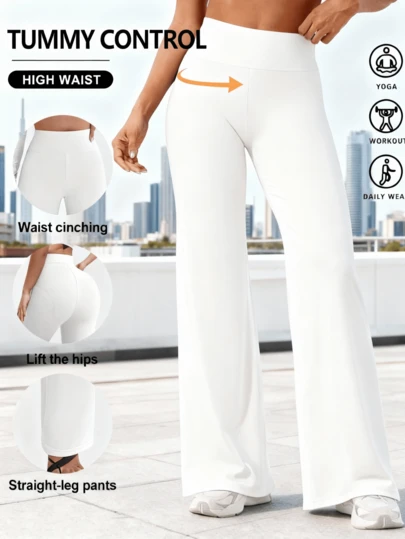 Women's Minimalist High-Waisted Commuter Wide-Leg Pants, Sexy Casual Sports Straight-Leg Pants, Lifting Flare Pants, Fitted Yoga Leggings, Elastic Sports Pants For Spring/Summer/Autumn, Suitable For Daily Wear And Fitness