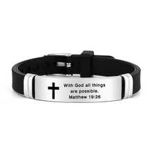 1pc Adjustable Christian Bible Verse Bracelet For Men, Stainless Steel & Silicone Strap With Cross And Scripture, Inspirational Religious Jewelry Gift For Husband, Father, Boyfriend, Son - Silver - View 1